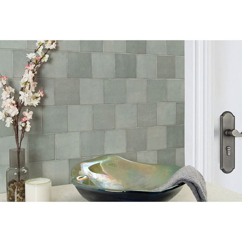 Renzo jade 5x5 glossy ceramic green wall tile NRENJAD5X5 product shot multiple tiles living room wall view 3