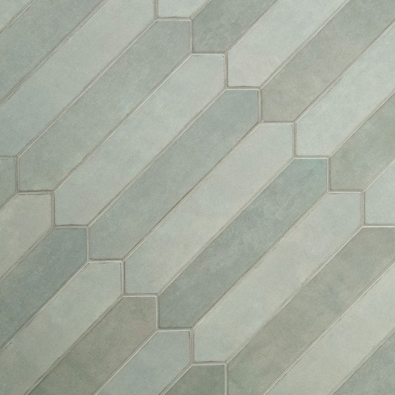 Renzo jade pickett 2.5x13 glossy ceramic green wall tile NRENJADPICK2.5X13 product shot multiple tiles angle view