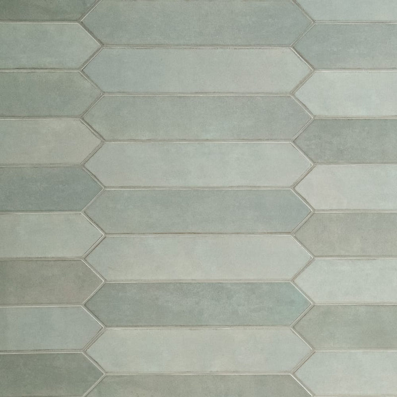 Renzo jade pickett 2.5x13 glossy ceramic green wall tile NRENJADPICK2.5X13 product shot multiple tiles top view