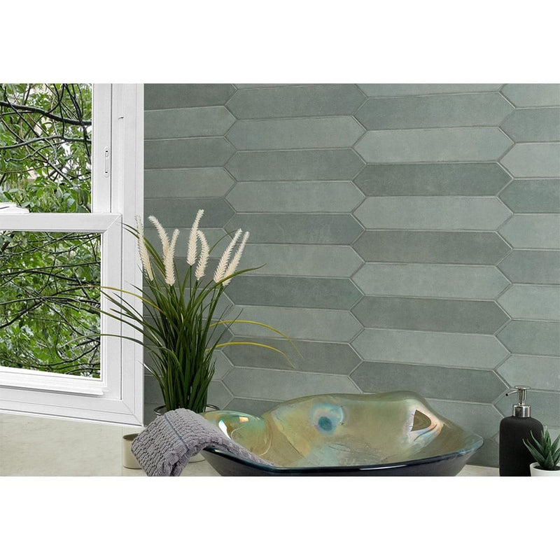 Renzo jade pickett 2.5x13 glossy ceramic green wall tile NRENJADPICK2.5X13 product shot multiple tiles living room wall view 3