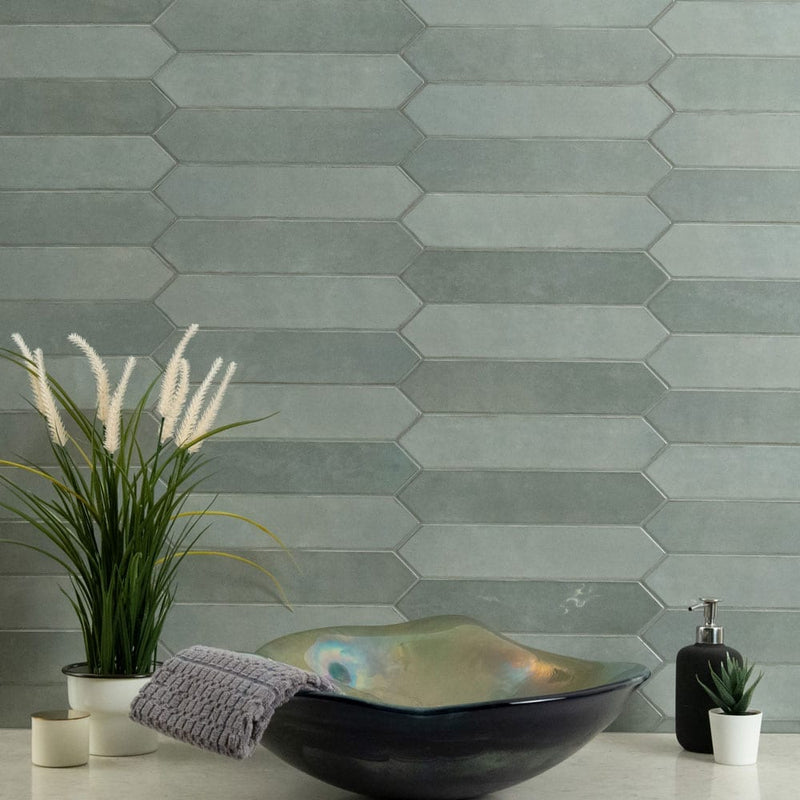 Renzo jade pickett 2.5x13 glossy ceramic green wall tile NRENJADPICK2.5X13 product shot multiple tiles living room wall view