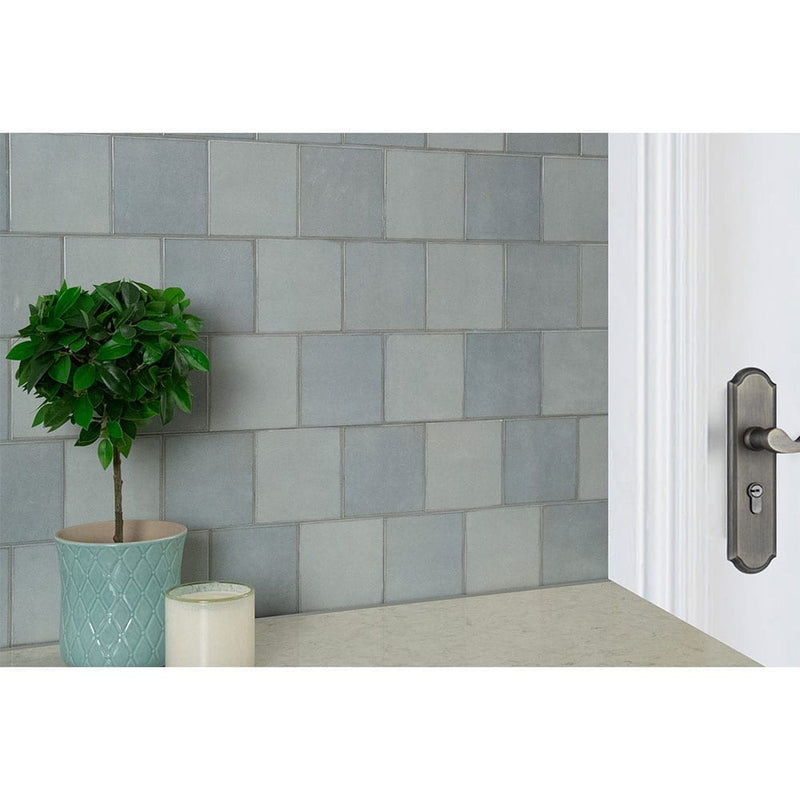 Renzo sky 5x5 glossy ceramic blue wall tile NRENSKY5X5 product shot multiple tiles living room wall view 3