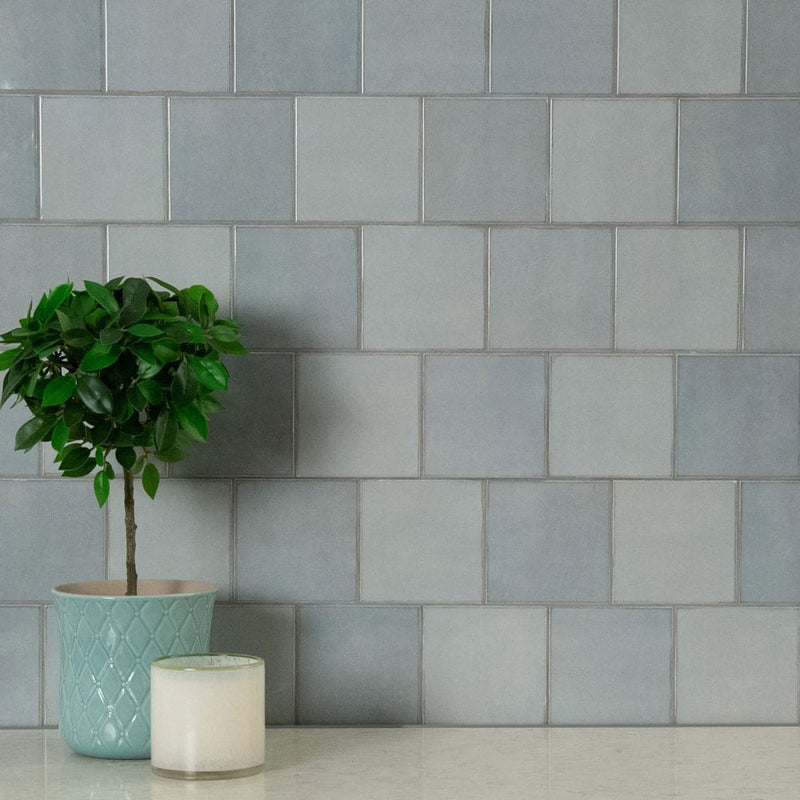 Renzo sky 5x5 glossy ceramic blue wall tile NRENSKY5X5 product shot multiple tiles living room wall view