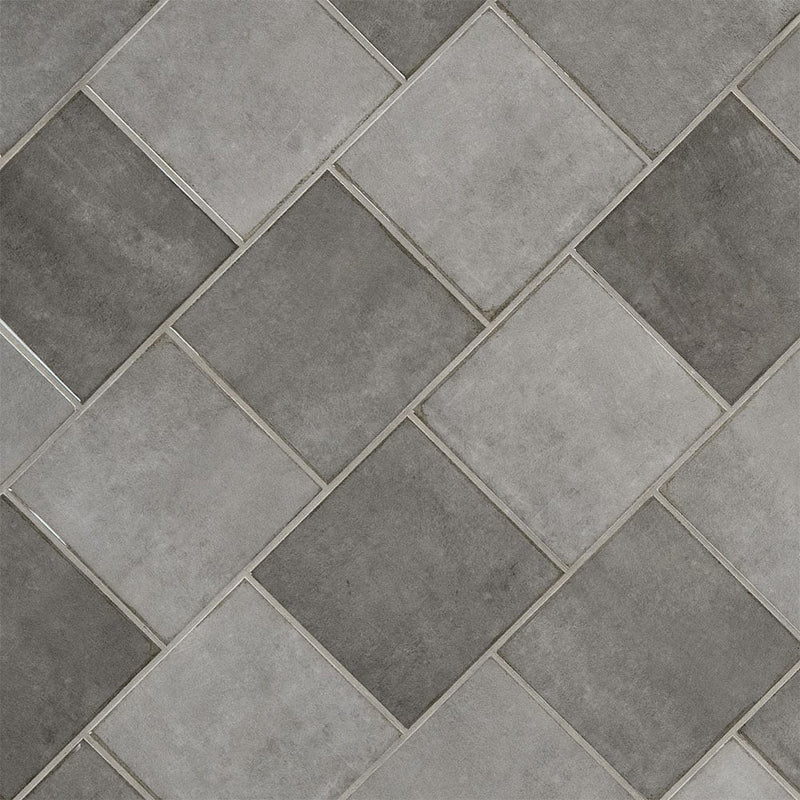 Renzo storm 5x5 glossy ceramic gray wall tile NRENSTO5X5 product shot multiple tiles angle view