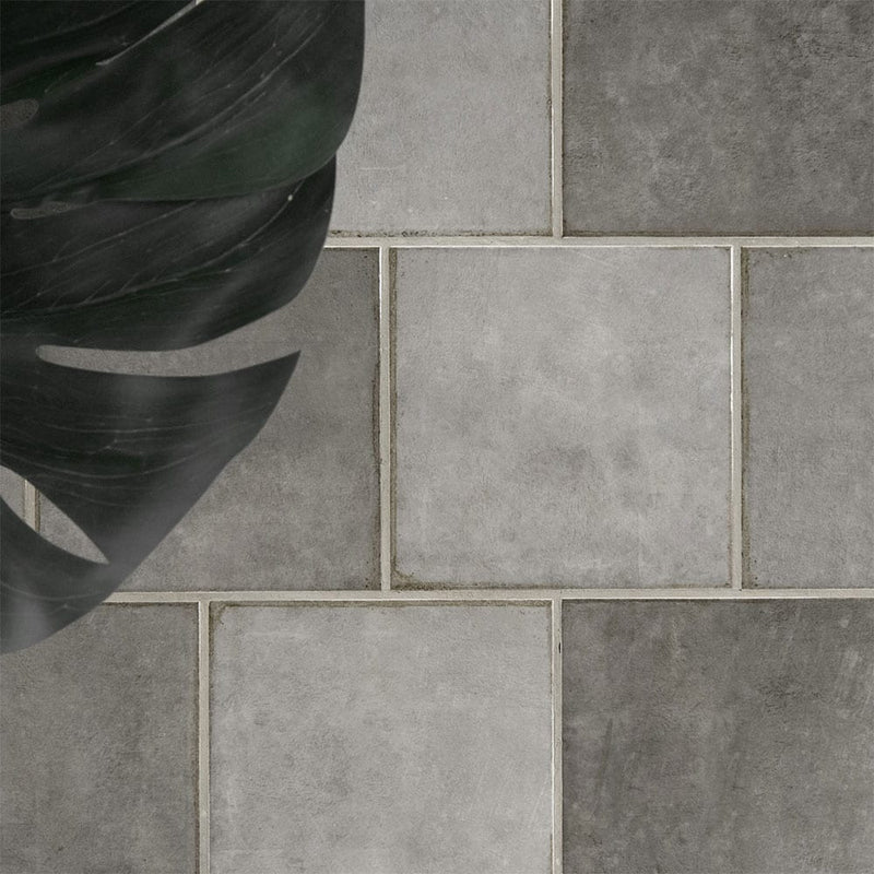 Renzo storm 5x5 glossy ceramic gray wall tile NRENSTO5X5 product shot multiple tiles closeup view