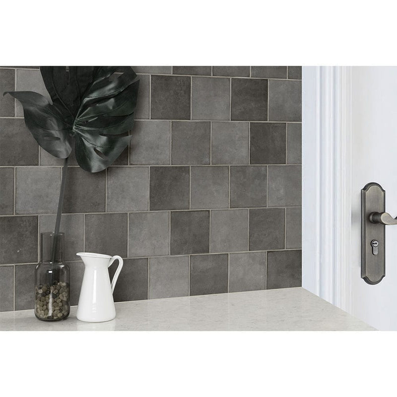 Renzo storm 5x5 glossy ceramic gray wall tile NRENSTO5X5 product shot multiple tiles view 4