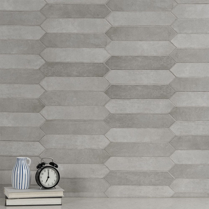 Renzo streling pickett 2.5x13 glossy ceramic gray wall tile NRENSTEPIC2.5X13 product shot multiple tiles view 1