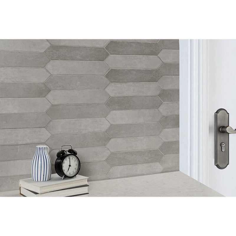 Renzo streling pickett 2.5x13 glossy ceramic gray wall tile NRENSTEPIC2.5X13 product shot multiple tiles view 4