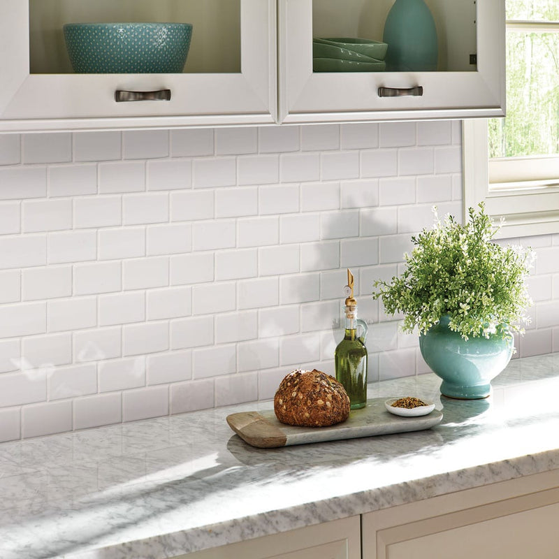 Retro Bianco 11.22"x11.47" Porcelain Mesh-Mounted Mosaic Tile 2"x4" SMOT-PT-RETBIA-2X4G product shot kitchen view