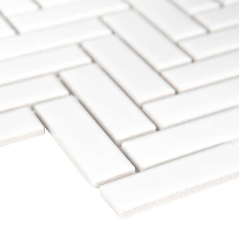 Retro bianco herringbone 12.75X12.88 porcelain mesh mounted mosaic tile SMOT-PT-RETBIA-HB product shot profile view
