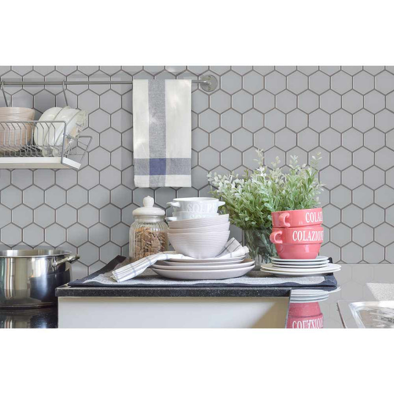 Retro gray hexo 11.75X14 porcelain mesh mounted mosaic tile SMOT-PT-RETGRA-2HEX product shot wall view