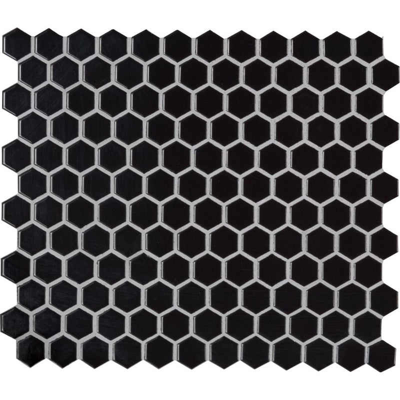 Retro nero hexagon 10.35X11.93 glossy porcelain mesh mounted mosaic tile SMOT PT RETNERO 1HEXG product shot multiple tiles close up view