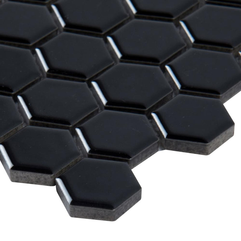 Retro nero hexagon 10.35X11.93 glossy porcelain mesh mounted mosaic tile SMOT-PT-RETNERO-1HEXG product shot profile view