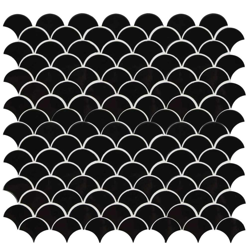 Retro nero scallop 12.75X13.75 glossy porcelain mesh mounted mosaic tile SMOT-PT-RENERO-SCALOP8MMG product shot multiple tiles top view