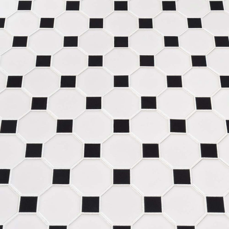 Retro octagon bianco 11.61 x 11.61 porcelain mesh mounted mosaic tile pattern SMOT-PT-RETBIA-2OCTG product shot multiple tiles angle view