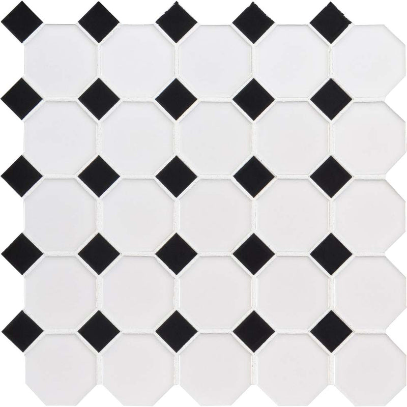 Retro octagon bianco 11.61 x 11.61 porcelain mesh mounted mosaic tile pattern SMOT-PT-RETBIA-2OCTG product shot one tile top view
