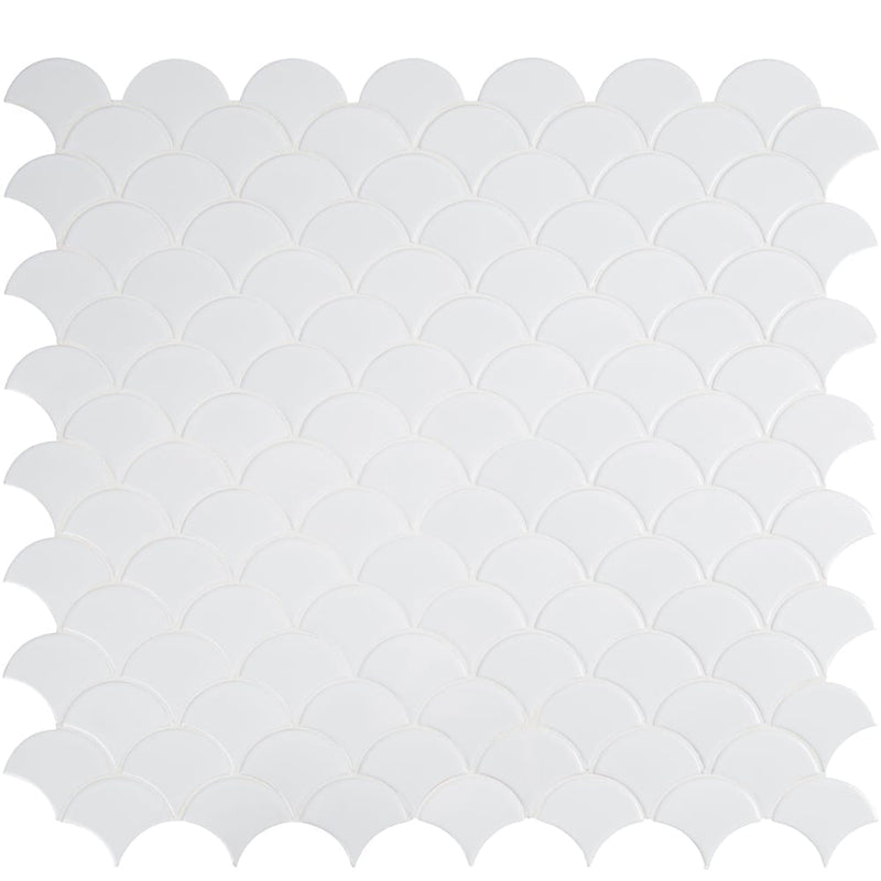 Retro scallop bianco 13.11X9.96 glossy porcelain mesh-mounted mosaic tile SMOT-PT-RETBIA-SCALOP product shot top view