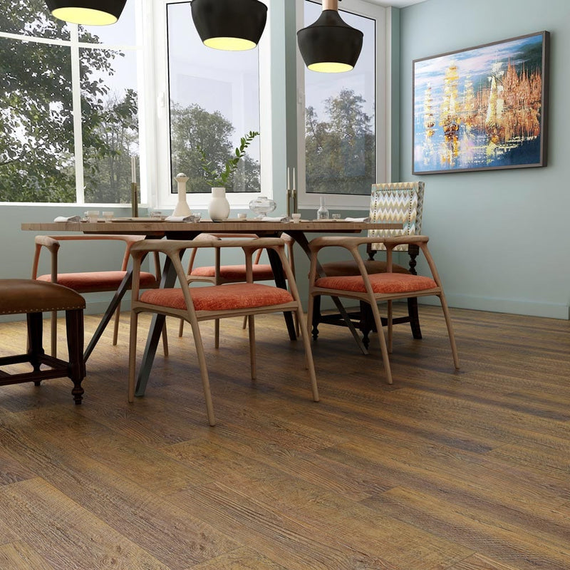 Rigid core vinyl planks 7x48 SPC honey pine rustic 5.2mm 12mil wear layer 1520519 installed on a bright dining room