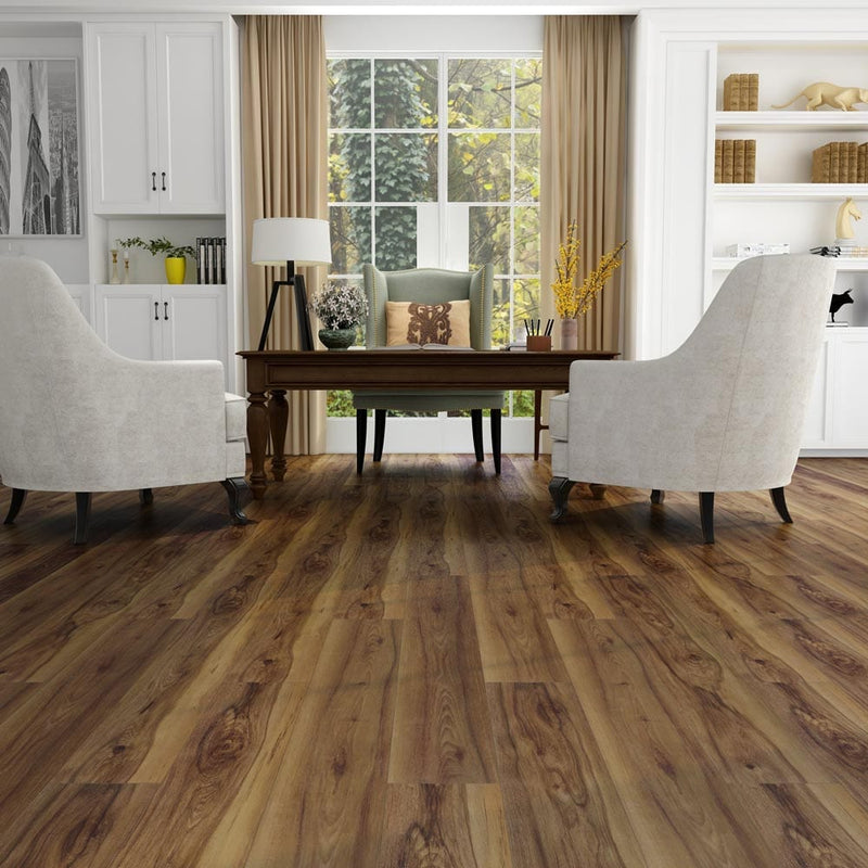 Rigid core vinyl planks 7x59 SPC maroon hickory 5.2mm 20mil wear-layer 1520302 installed on a bright living room