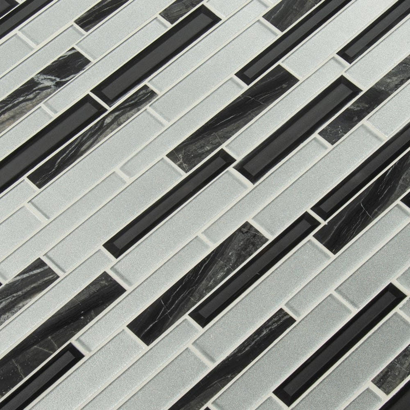 Rocklin interlocking 12X12 glass stone mesh mounted mosaic tile SMOT-SGLSIL-ROC8MM product shot multiple tiles angle view