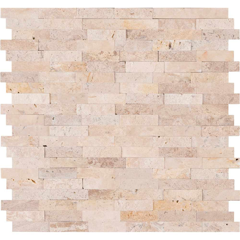 Roman beige split face peel and stick 12X12 travertine mesh mounted mosaic tile SMOT-PNS-RBSF-6MM product shot multiple tiles close up view