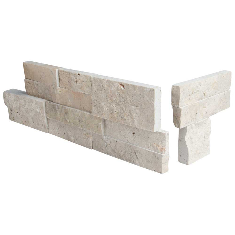 Roman beige splitface ledger corner 6X18 natural travertine wall tile LPNLTROMBEI618COR product shot multiple tiles angle view