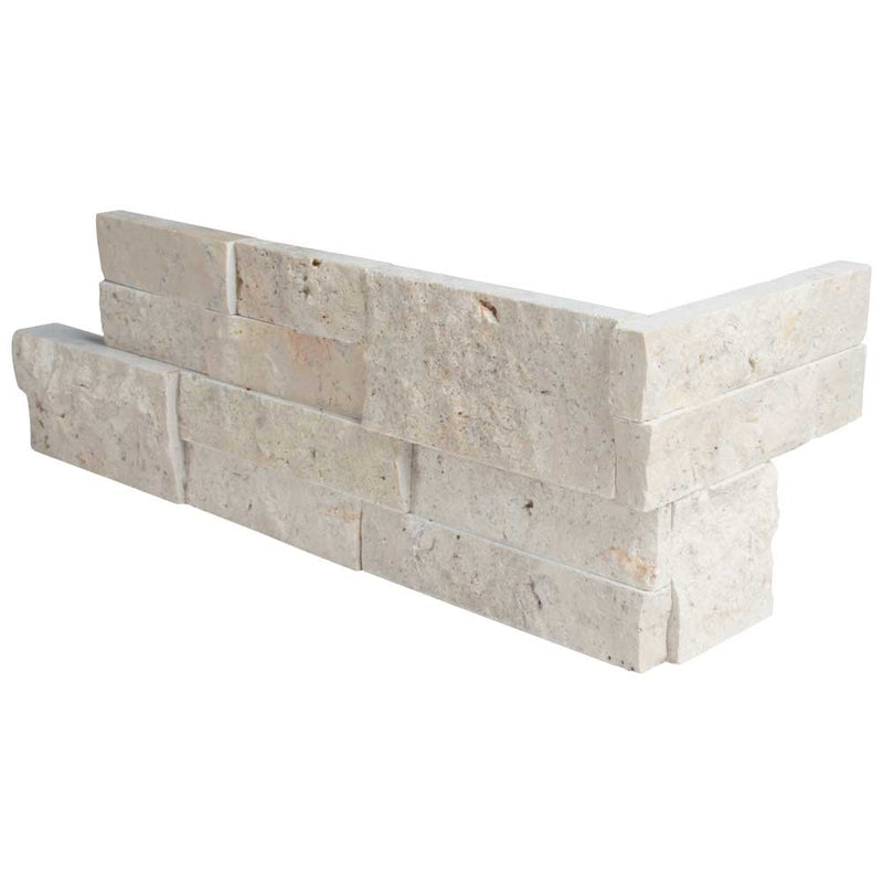Roman beige splitface ledger corner 6X18 natural travertine wall tile LPNLTROMBEI618COR product shot multiple tiles close up view