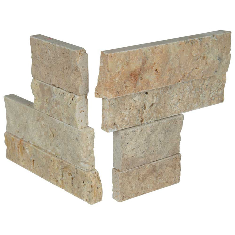 Roman beige splitface mini ledger corner 4.5X9 natural travertine wall tile LPNLTROMBEI4.59COR MINI product shot multiple tiles angle view