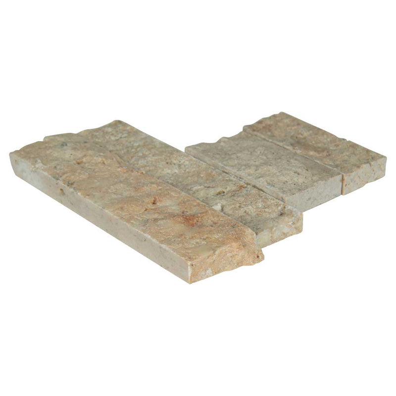 Roman beige splitface mini ledger corner 4.5X9 natural travertine wall tile LPNLTROMBEI4.59COR MINI product shot profile view