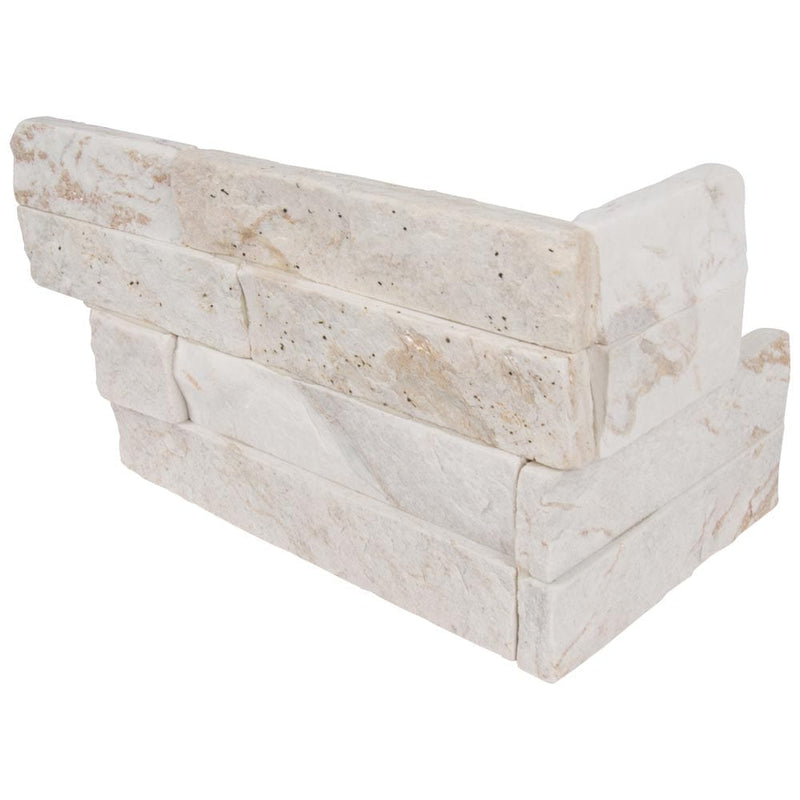 Royal white splitface ledger corner 6X18 natural quartzite wall tile LPNLQROYWHI618COR product shot multiple tiles close up view
