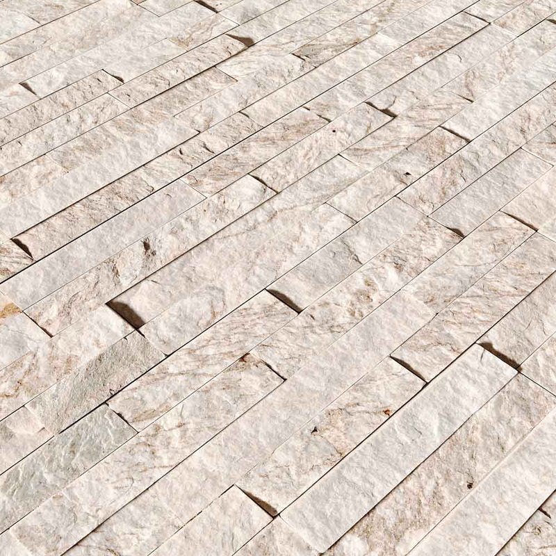 Royal white splitface ledger panel 6X24 natural quartzite wall tile LPNLQROYWHI624 product shot angle view