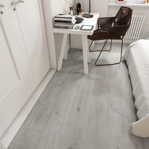 Laminate Hardwood 7.75" Wide, 72" RL, 12mm Thick Textured Legendary Royal Blanca Floors - Mazzia Collection product shot bedroom view 2