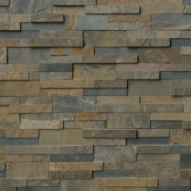 Rustic gold splitface ledger corner 6X18 natural slate wall tile LPNLSRUSGLD618COR product shot multiple tiles top view