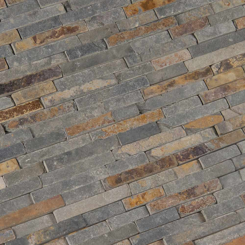 Rustique interlocking 8X18 slate mesh mounted mosaic wall tile SMOT-RUSTIQUE-3DIL product shot multiple tiles angle view