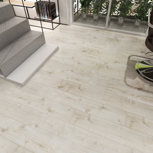 Laminate Hardwood 7.75" Wide, 48" RL, 12mm Thick Smooth Fortuna Simply Blanco Floors - Mazzia Collection product shot living view 2