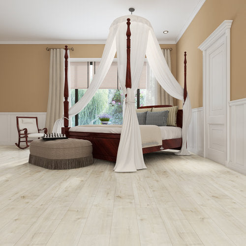 Laminate Hardwood 7.75" Wide, 48" RL, 12mm Thick Smooth Fortuna Simply Blanco Floors - Mazzia Collection product shot bedroom view