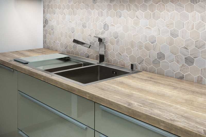 Angora Hexagon 11.75"x12" Polished Mosaic Marble Floor And Wall Tile room shot kitchen view