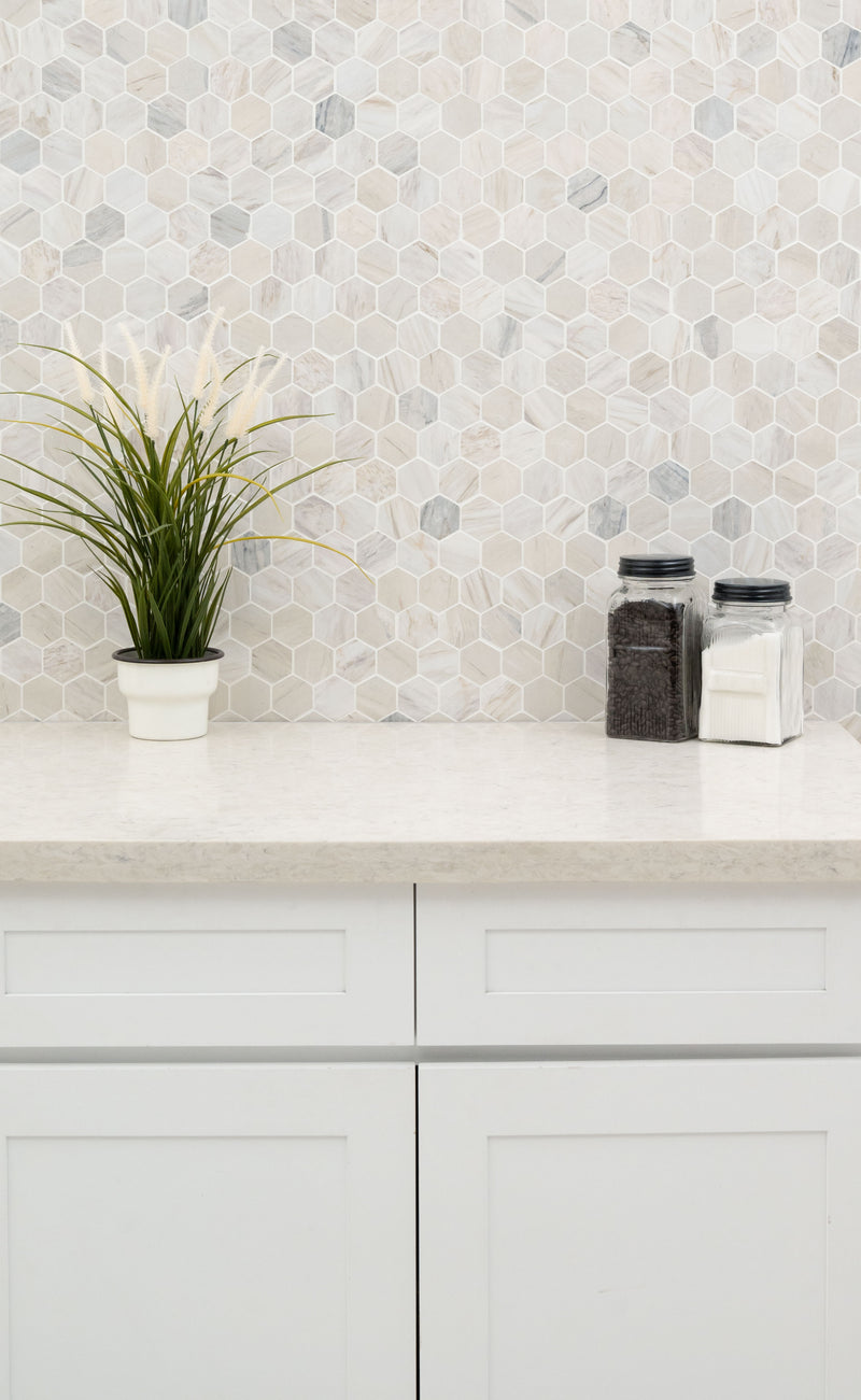 Angora Hexagon 11.75"x12" Polished Mosaic Marble Floor And Wall Tile room shot bathroom view 2