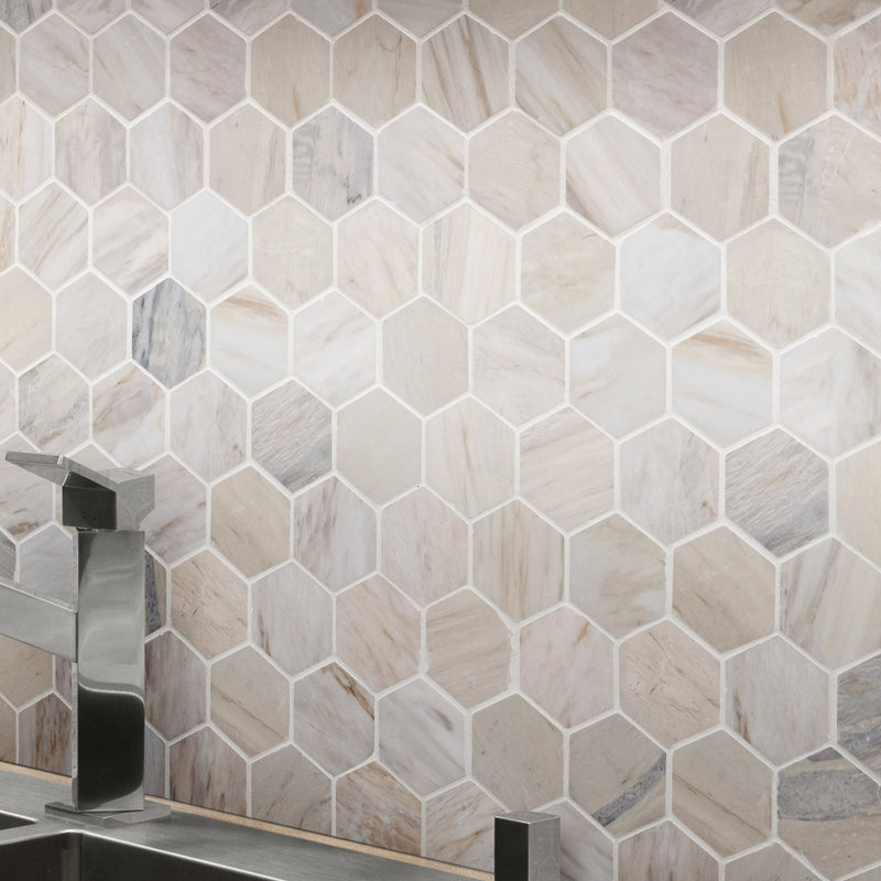 Angora Hexagon 11.75"x12" Polished Mosaic Marble Floor And Wall Tile room shot bathroom view 4