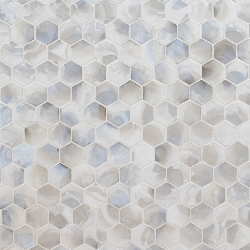 Akoya Pearl 10.95"x12.6" Hexagon Glass Mosaic Tile product shot wall view