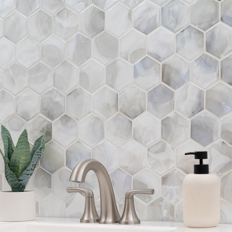 Akoya Pearl 10.95"x12.6" Hexagon Glass Mosaic Tile room shot bathroom view 2