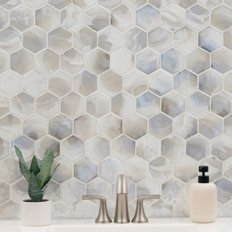 Akoya Pearl 10.95"x12.6" Hexagon Glass Mosaic Tile room shot bathroom view