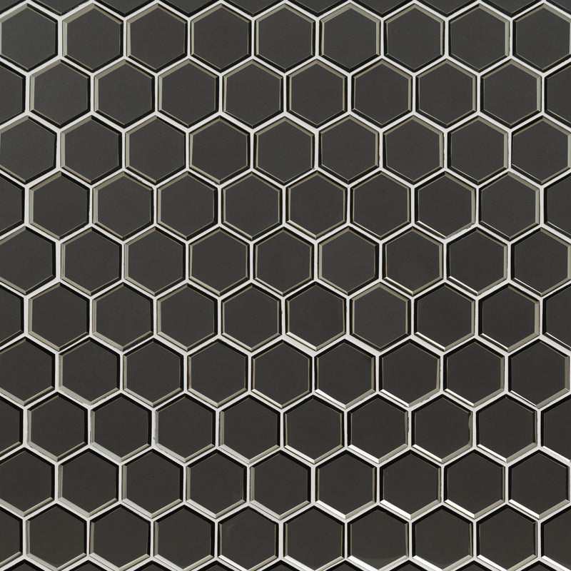 Metallic Gray Beveled Hexagon 10.51"x12.13" Glass Mosaic Tile product shot wall view