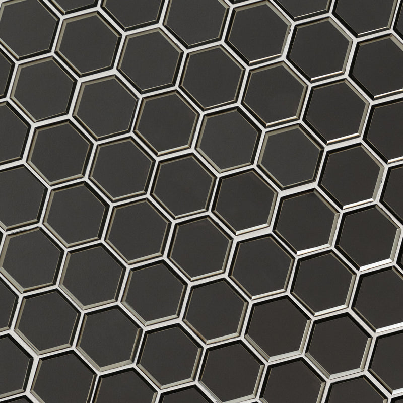 Metallic Gray Beveled Hexagon 10.51"x12.13" Glass Mosaic Tile product shot wall view 2