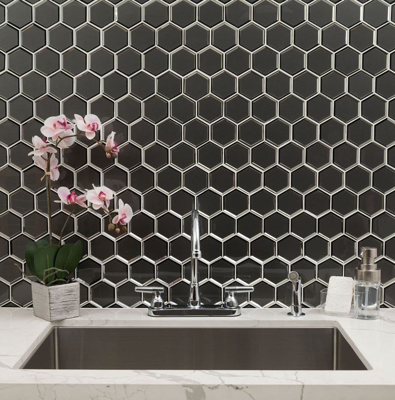 Metallic Gray Beveled Hexagon 10.51"x12.13" Glass Mosaic Tile room shot bathroom view