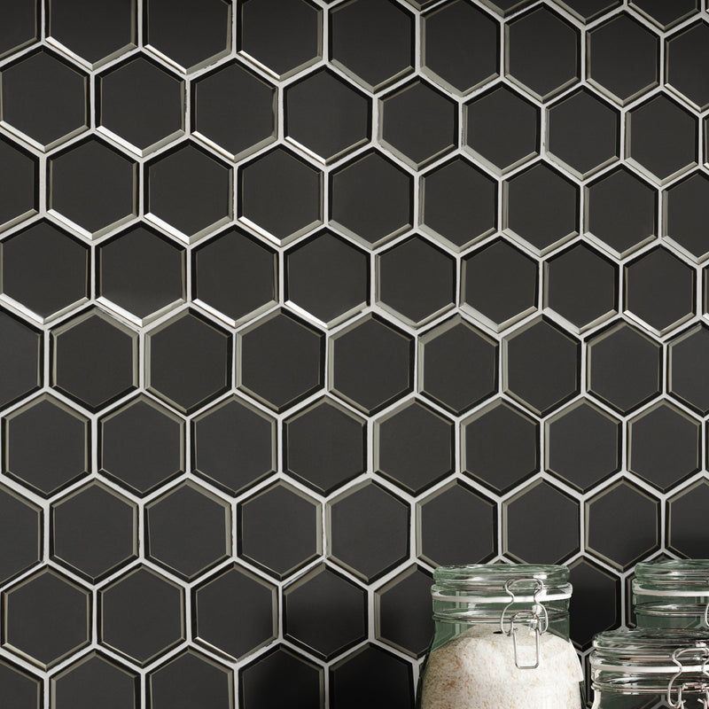 Metallic Gray Beveled Hexagon 10.51"x12.13" Glass Mosaic Tile room shot kitchen view 3