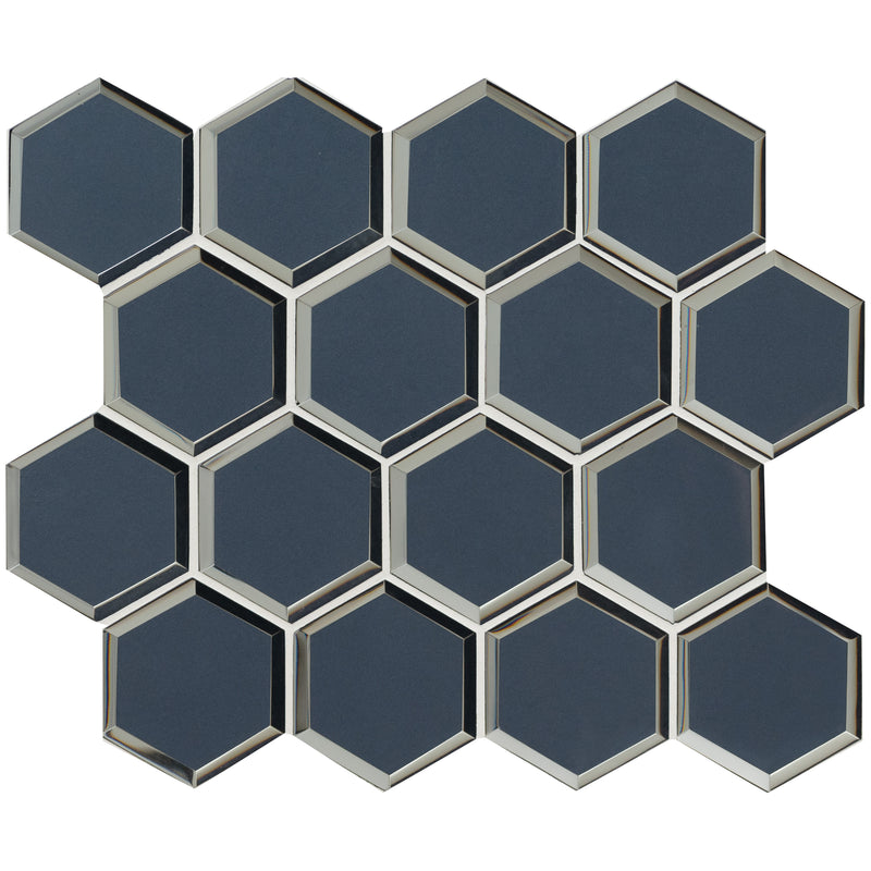 Vague Blue Hexagon 12.13"x10.51" Glass Mesh-Mounted Mosaic Tile product shot angle view