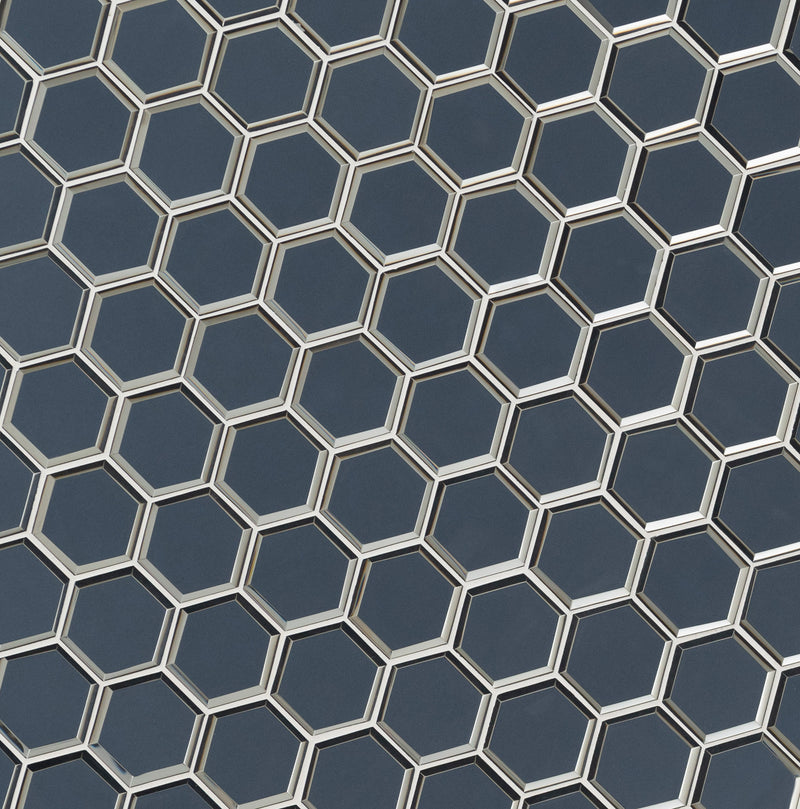 Vague Blue Hexagon 12.13"x10.51" Glass Mesh-Mounted Mosaic Tile product shot wall view 2