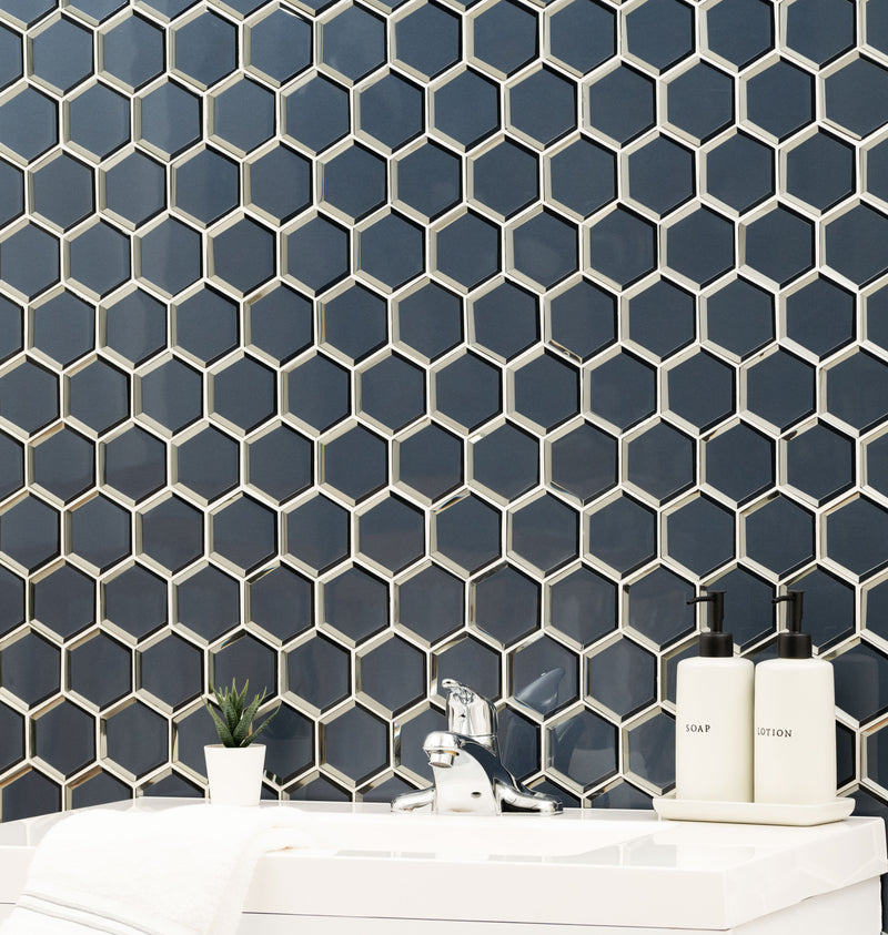 Vague Blue Hexagon 12.13"x10.51" Glass Mesh-Mounted Mosaic Tile room shot bathroom view