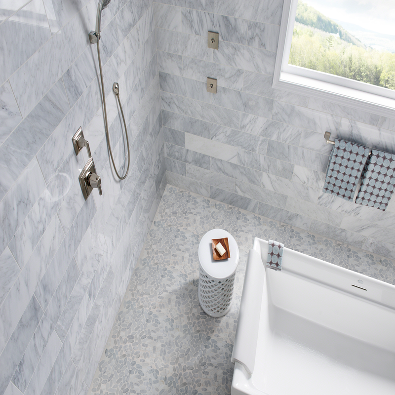 Carrara White Sliced Pebble 11.81"x11.81" Textured Marble Mesh-Mounted Mosaic Tile - MSI Collection product shot bathroom view